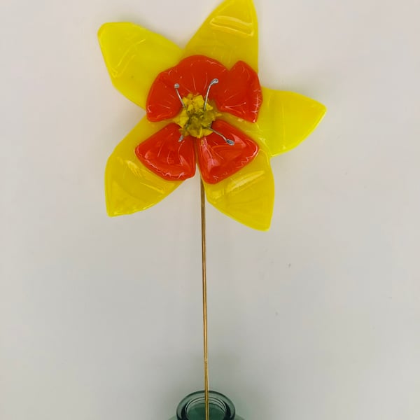 Glass fused yellow flower on brass rod, daffodil style