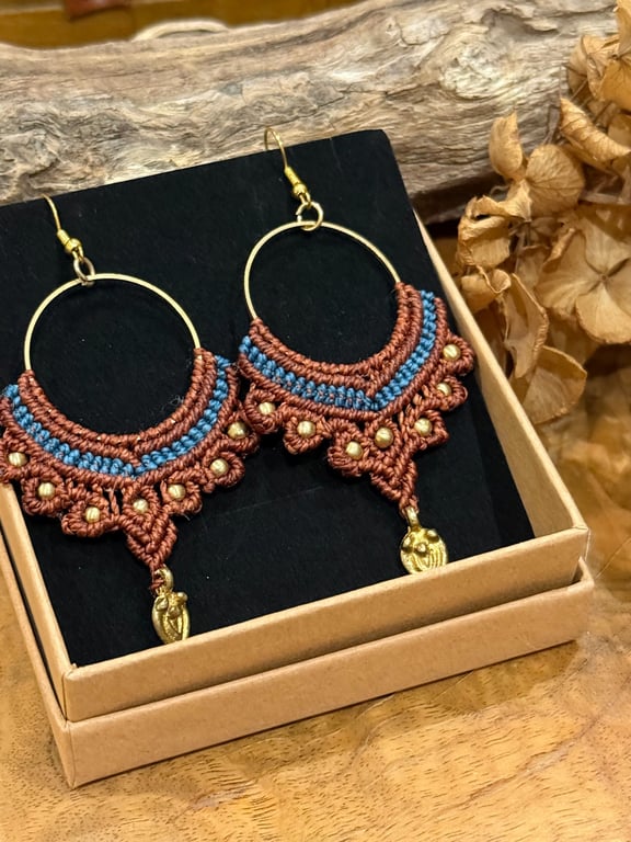 Boho ethnic Brown and Teal brass hoop macrame earrings inc Free UK delivery