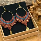 Boho ethnic Brown and Teal brass hoop macrame earrings inc Free UK delivery