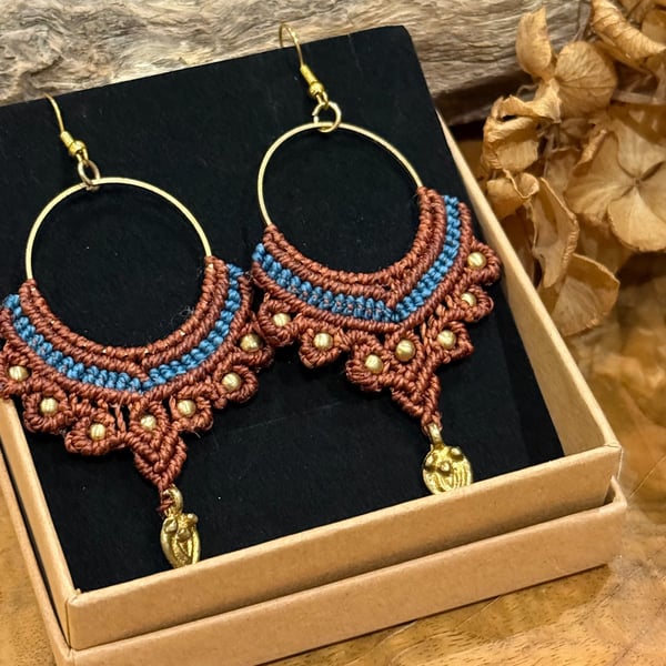 Boho ethnic Brown and Teal brass hoop macrame earrings inc Free UK delivery