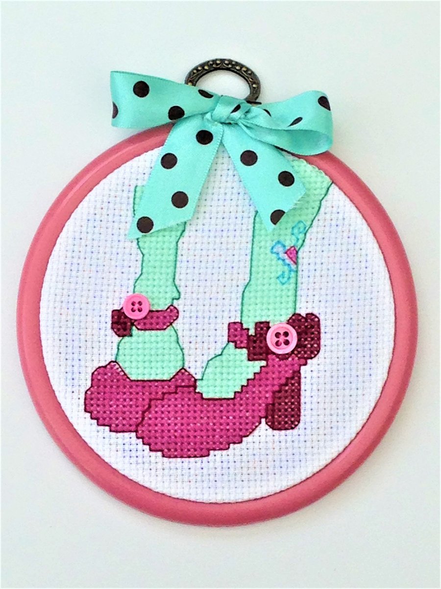 Shoes Cross Stitch Hoop art with Ribbon and Button detail
