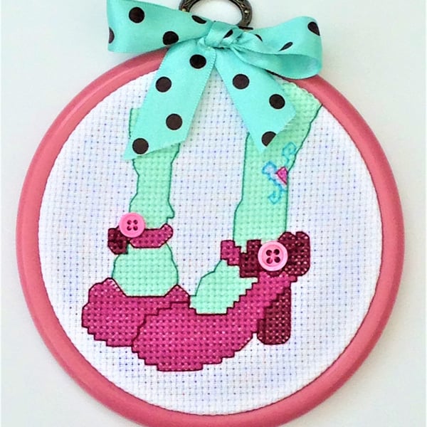 Shoes Cross Stitch Hoop art with Ribbon and Button detail