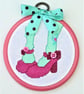 Shoes Cross Stitch Hoop art with Ribbon and Button detail - Image 1