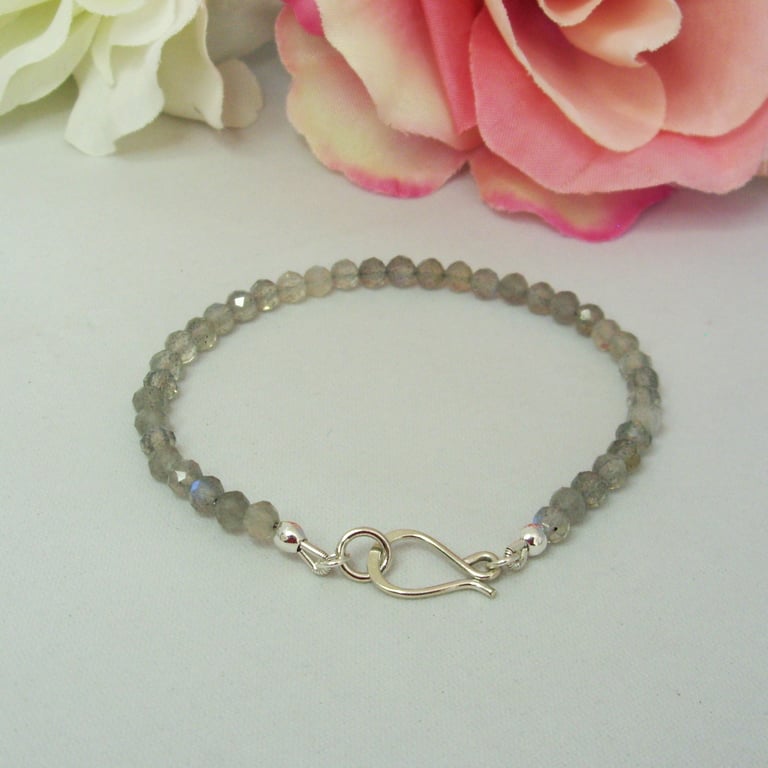 Labradorite gemstone bracelet of small round beads with recycled sterling silver