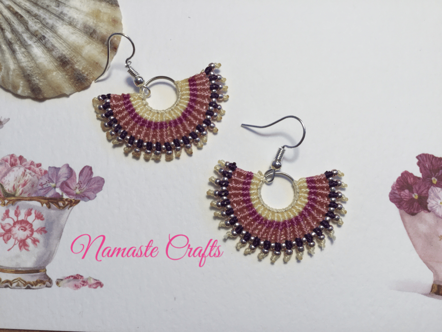 Stunning eye catching Micro Macrame Festival Fan earrings, pink earrings