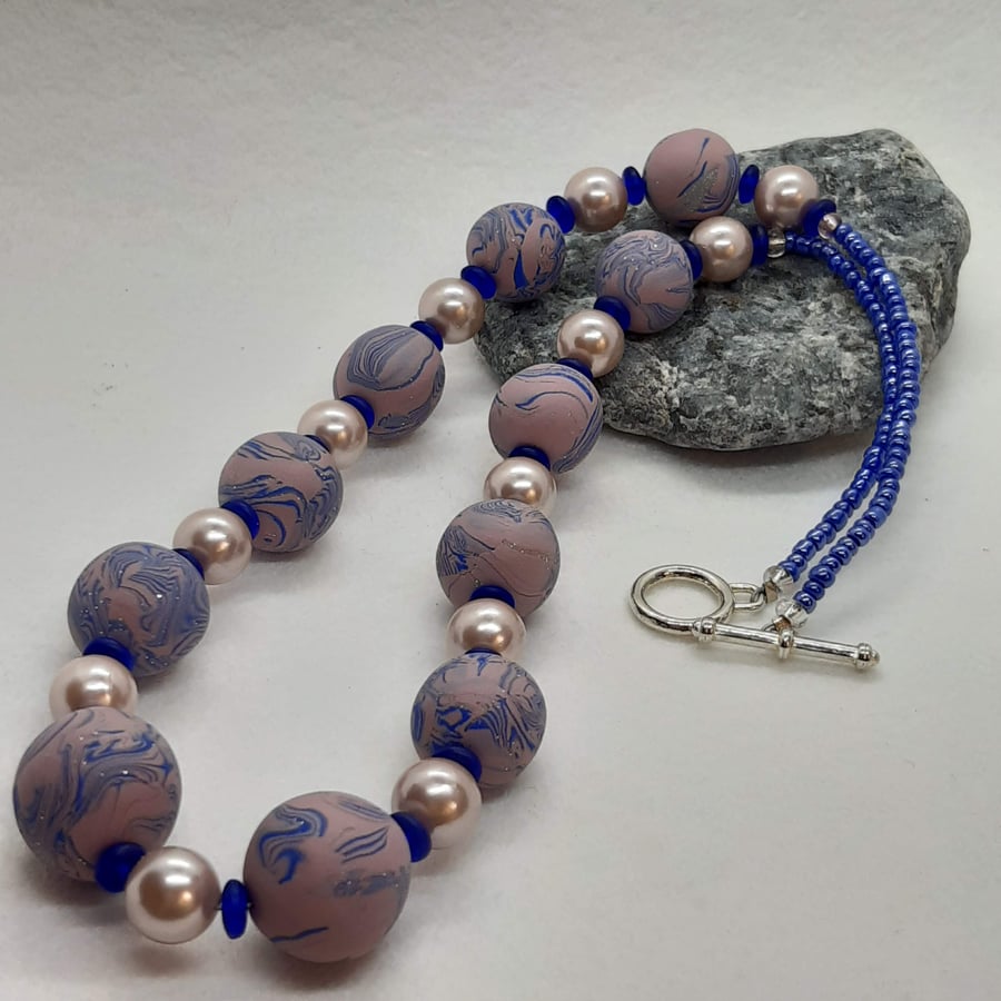 Pink and royal blue polymer clay necklace