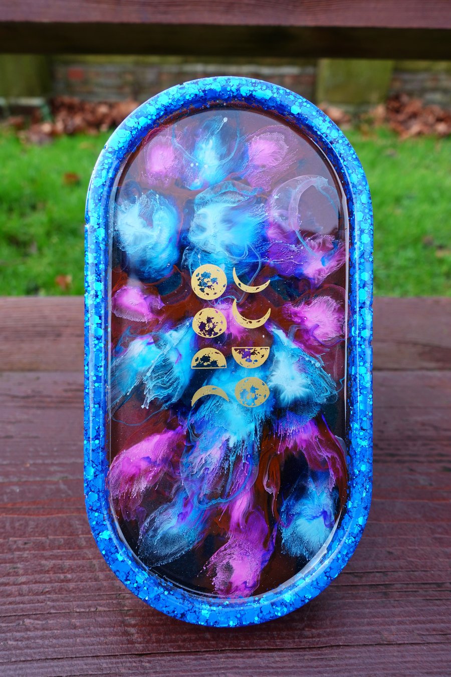 Resin Oval tray with alcohol ink and glitter