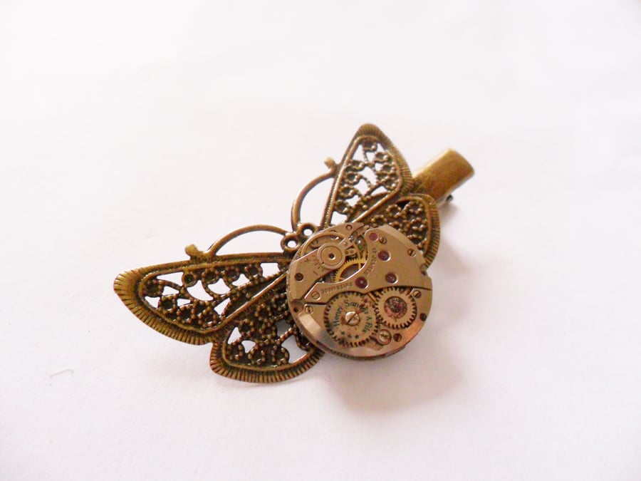 Butterfly Watch Movement Steampunk Hair Clip