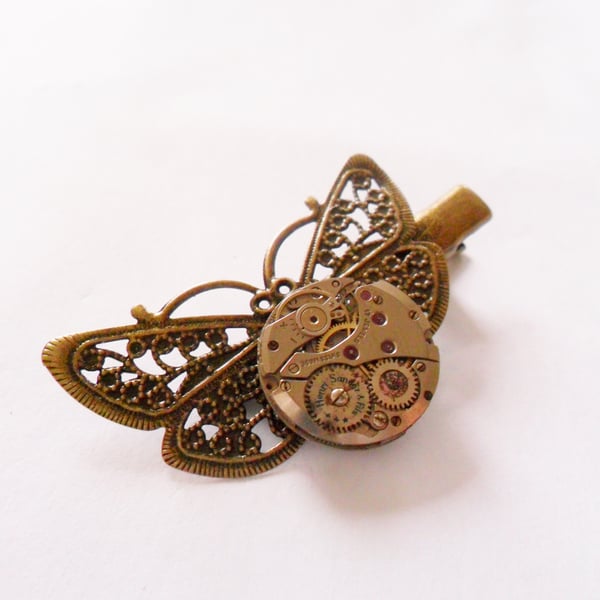 Butterfly Watch Movement Steampunk Hair Clip