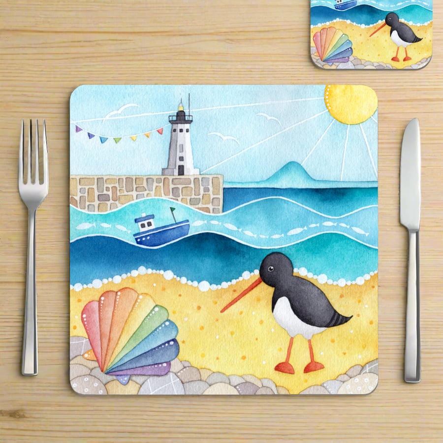 Placemat - Oystercatcher and Lighthouse, East Neuk. Seaside Coastal Table Mats.