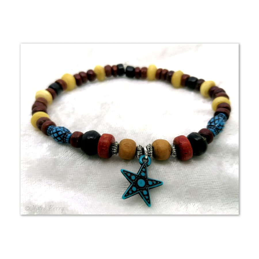 Wooden Surfer's bead bracelet with Turquoise Star bead 