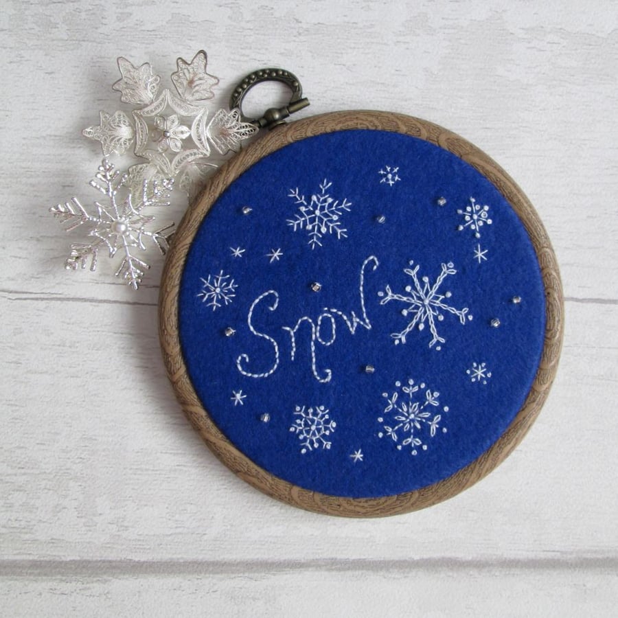 Hand Embroidered Snowflake Hoop Decoration, Snow Decoration