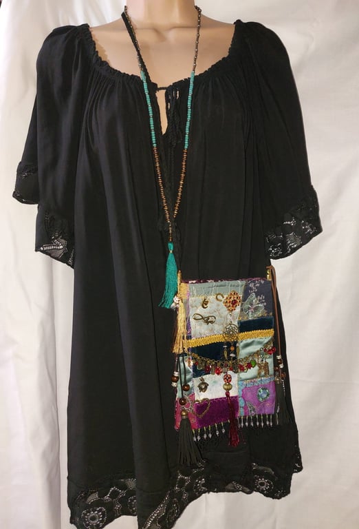 Handcrafted embellished purple  teal velvet Bohemian Gypsy Hippie Festival Bag