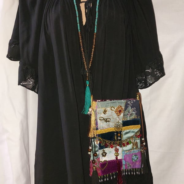 Handcrafted embellished purple  teal velvet Bohemian Gypsy Hippie Festival Bag