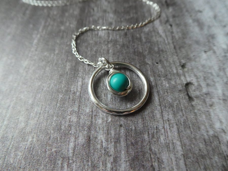 Sterling silver turquoise pendant, turquoise sterling silver circle necklace,