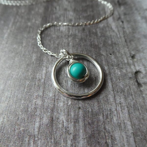 Sterling silver turquoise pendant, turquoise sterling silver circle necklace,