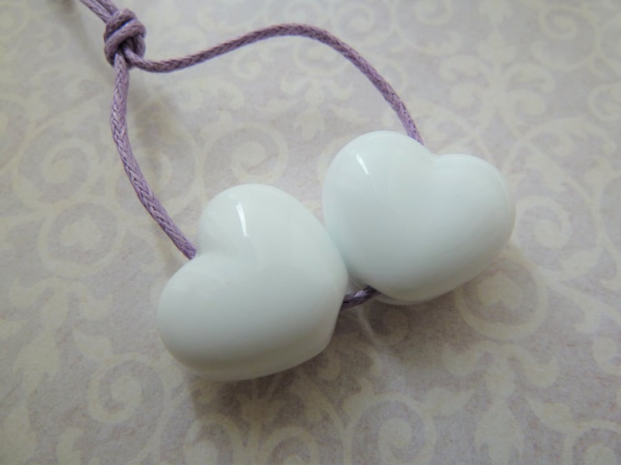 white heart handmade lampwork glass beads