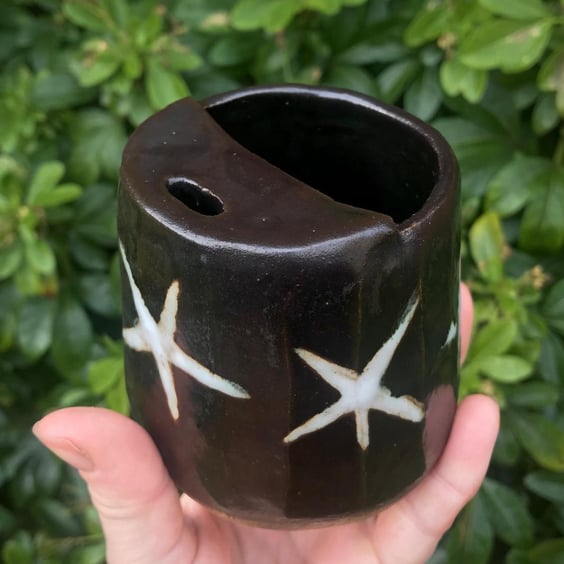 black and white stars, hand built ceramic travel mug
