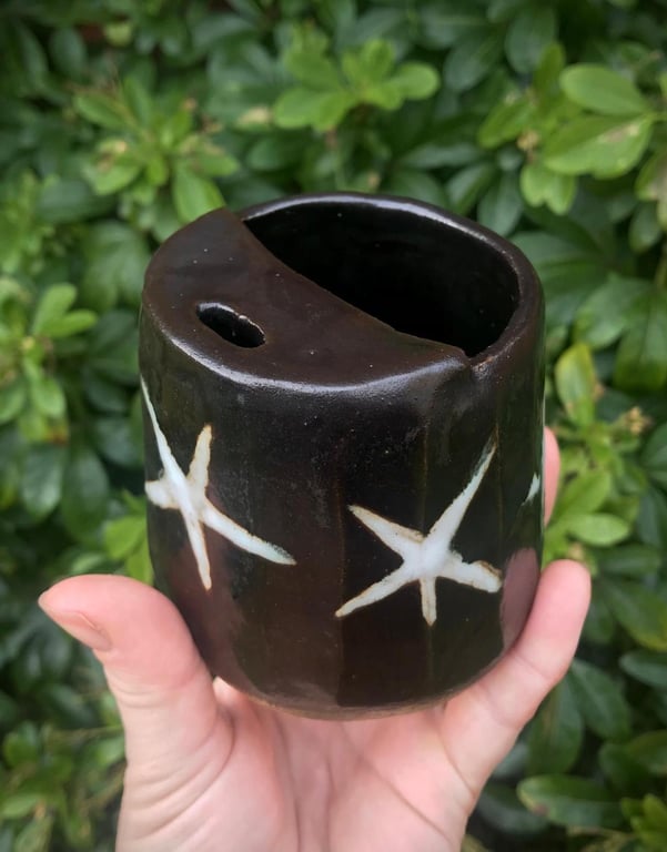 black and white stars, hand built ceramic travel mug