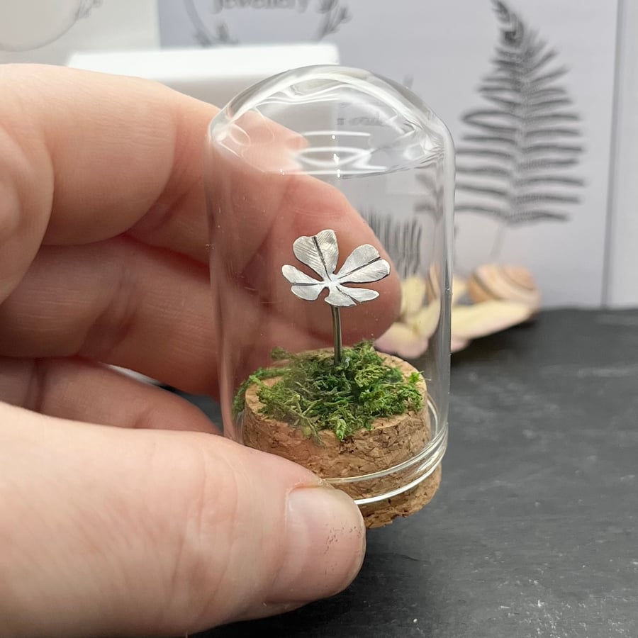 Sterling Silver Four Leaf Clover Good Luck Charm Mini Bell Jar