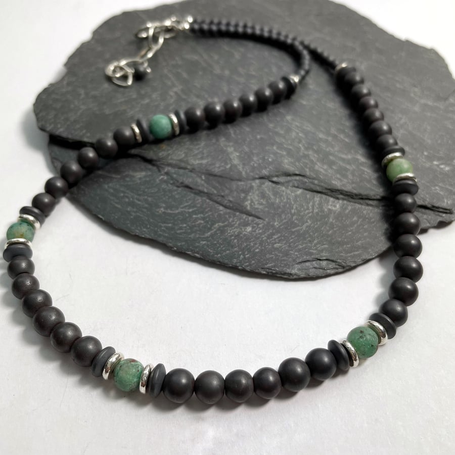 Frosted Hematite silver and African turquoise bead necklace