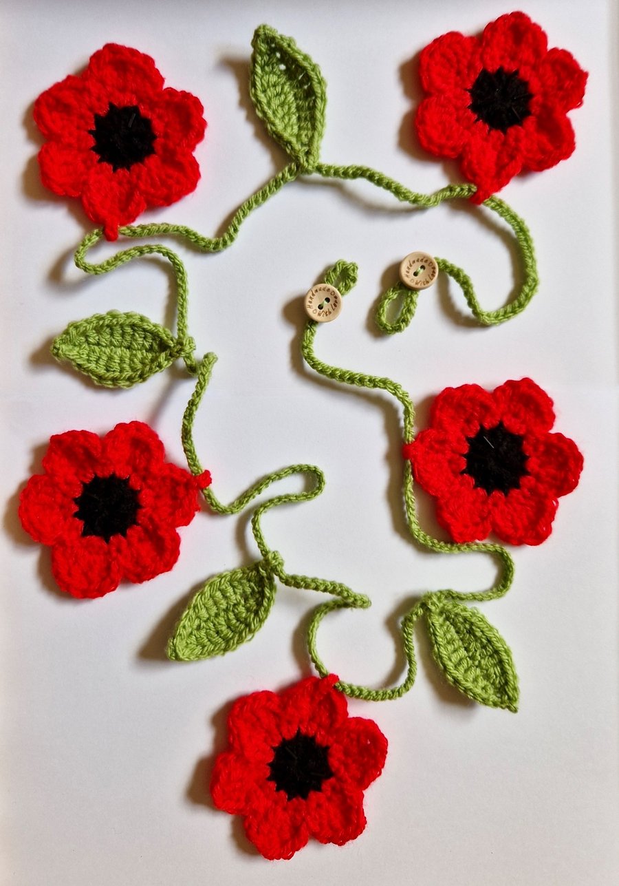 Handmade Crochet Red Poppy Flower and Leaf Garland Bunting