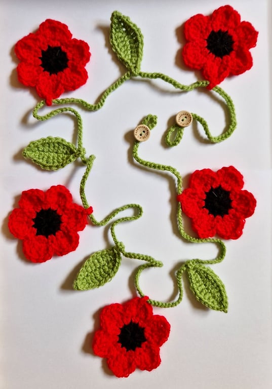Handmade Crochet Red Poppy Flower and Leaf Garland Bunting