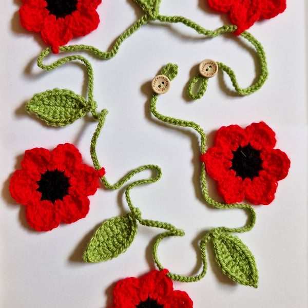 Handmade Crochet Red Poppy Flower and Leaf Garland Bunting