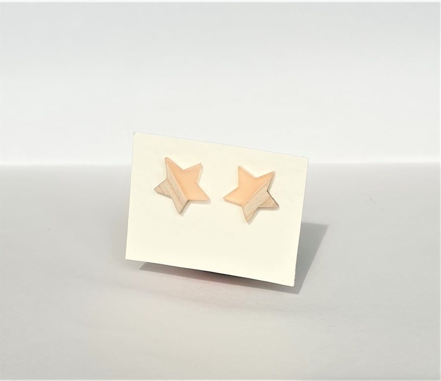 Light Wood And Light Nude Beige Resin Sterling Silver Star Stud Earrings