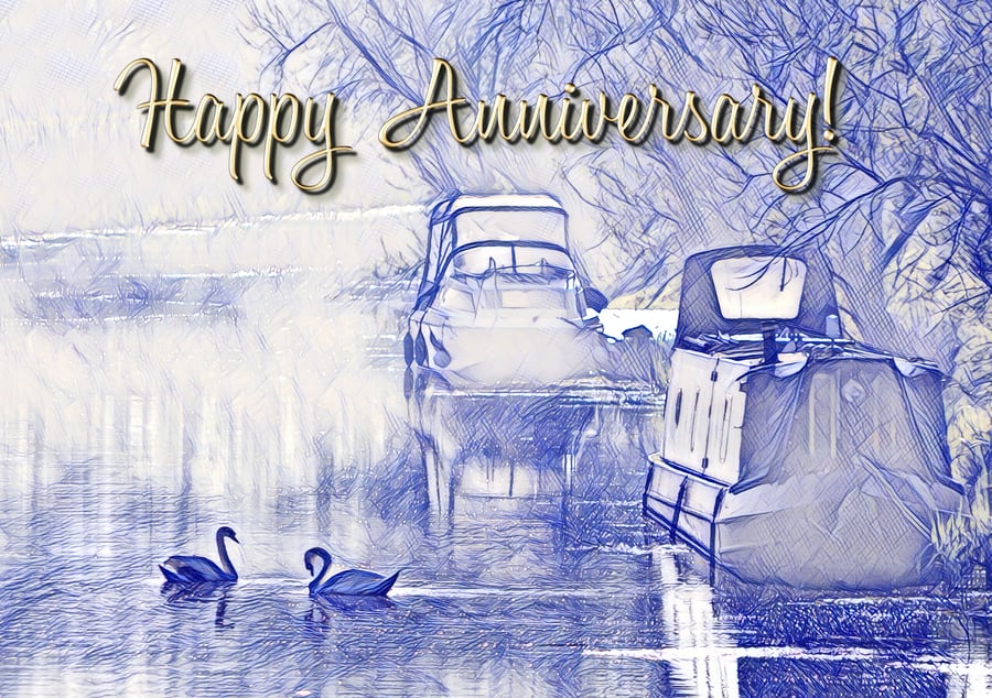 Happy Anniversary Swans & Boats Card A5
