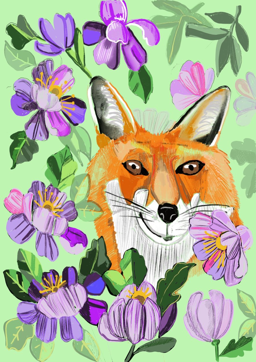 Fox surrounded by purple flowers 