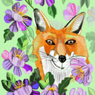 Fox surrounded by purple flowers 