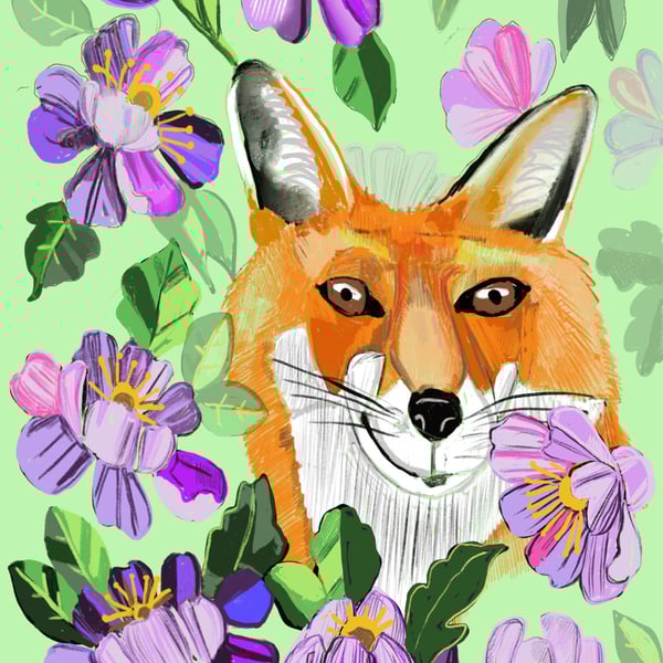Fox surrounded by purple flowers 