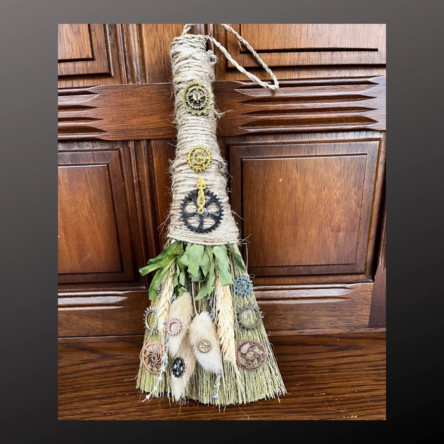 Steampunk Altar Besom Broom Broomstick Decor Decoration Wiccan Pagan Cogs Witch