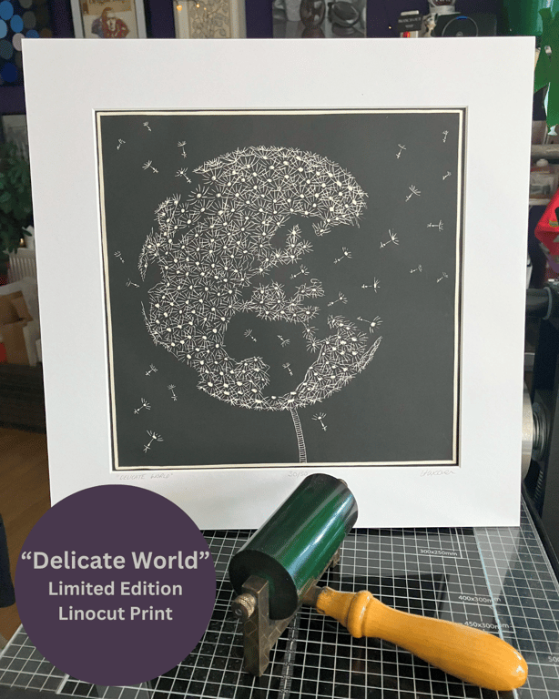 Lino Print - Delicate World - Limited Edition - Dandelion - Dandelion Clock 