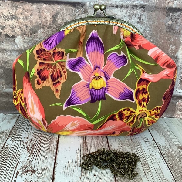 Orchid flowers small fabric frame clutch makeup bag handbag purse