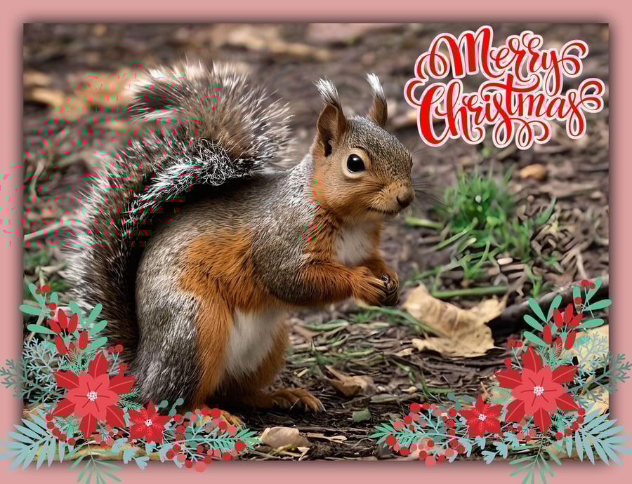 Merry Christmas greeting Card A5 Red Squirrel 