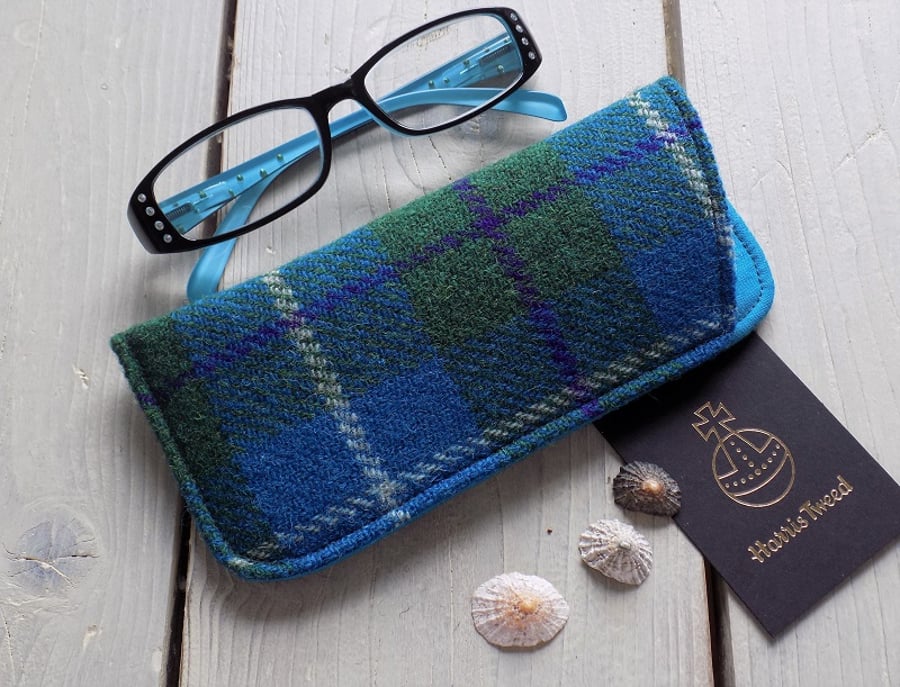 Harris Tweed eyeglasses case in turquoise and green tartan