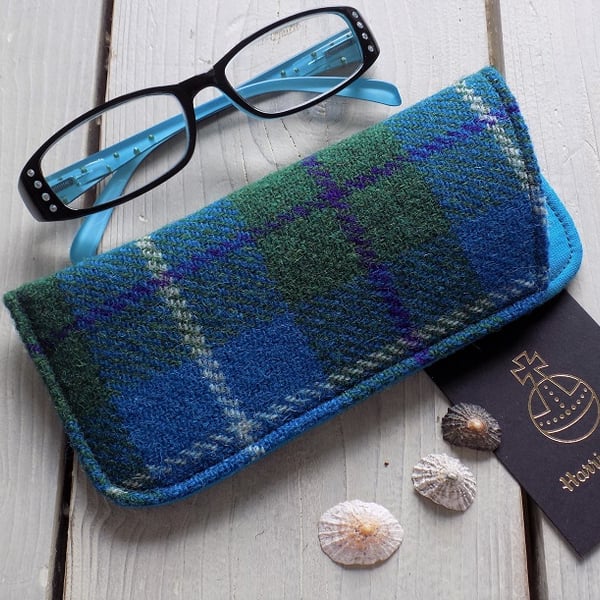 Harris Tweed eyeglasses case in turquoise and green tartan