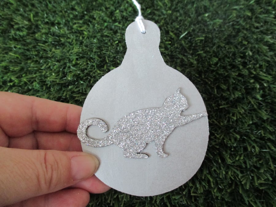 Cat Christmas Tree Bauble Hanging Decoration Silver Glitter Glitter Twinkly Wood