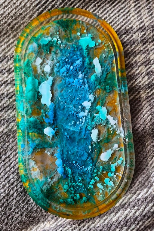 Handmade Coastal Resin Trinket Tray - Beach Inspired Ocean Art - Blue & Gold 