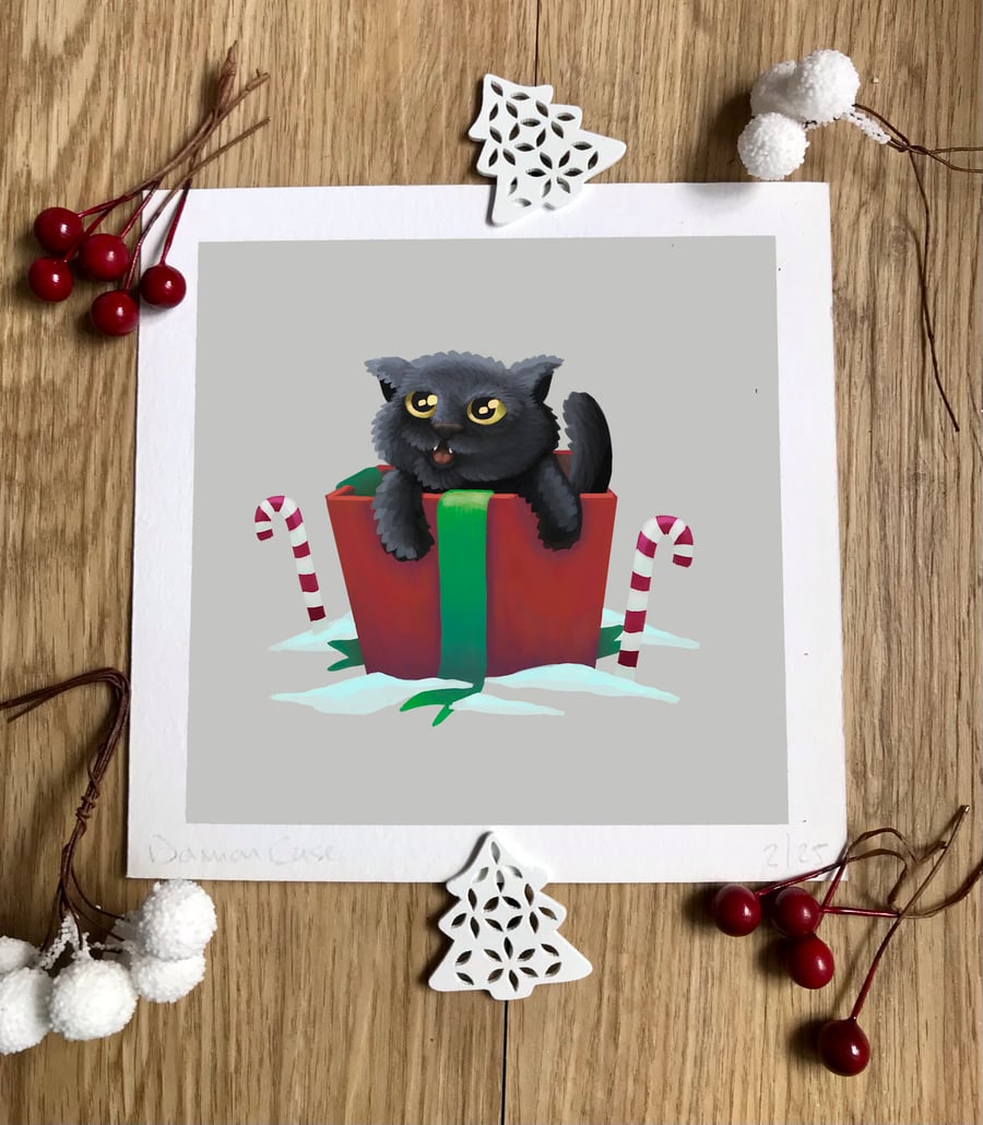 'Christmas Cat in a Box' Art Print