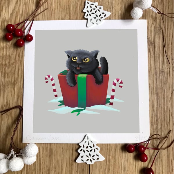 'Christmas Cat in a Box' Art Print