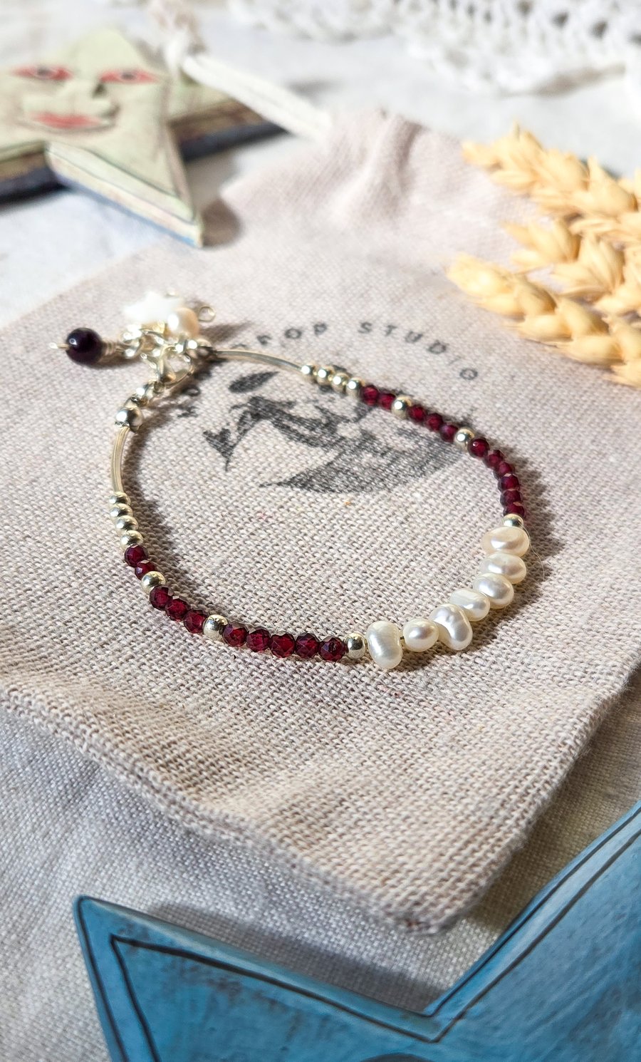 Garnet Bracelet - Dainty Gemstone Beaded Bracelet, Pearl Bracelet, Gift for Her 
