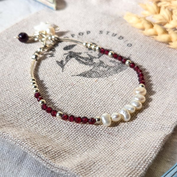 Garnet Bracelet - Dainty Gemstone Beaded Bracelet, Pearl Bracelet, Gift for Her 