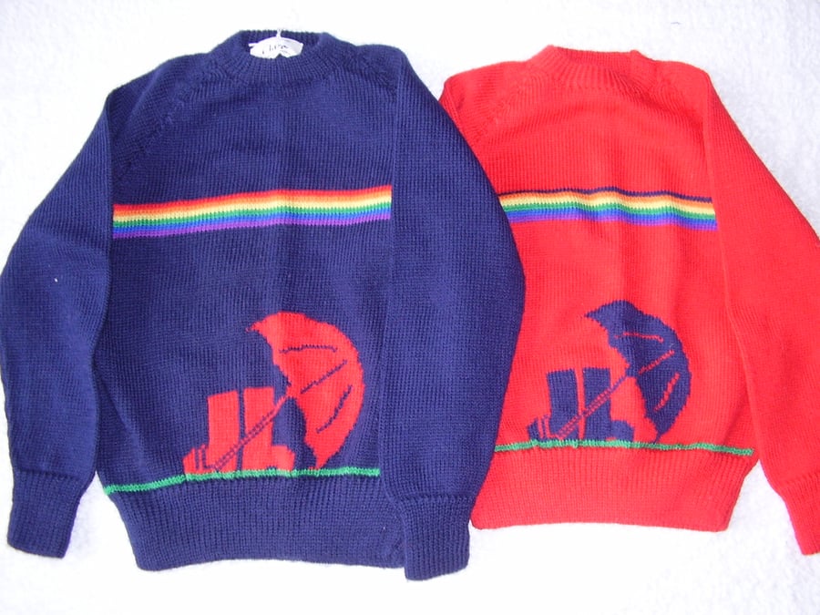 Welly Boots, Umbrella and Rainbow Jumper 