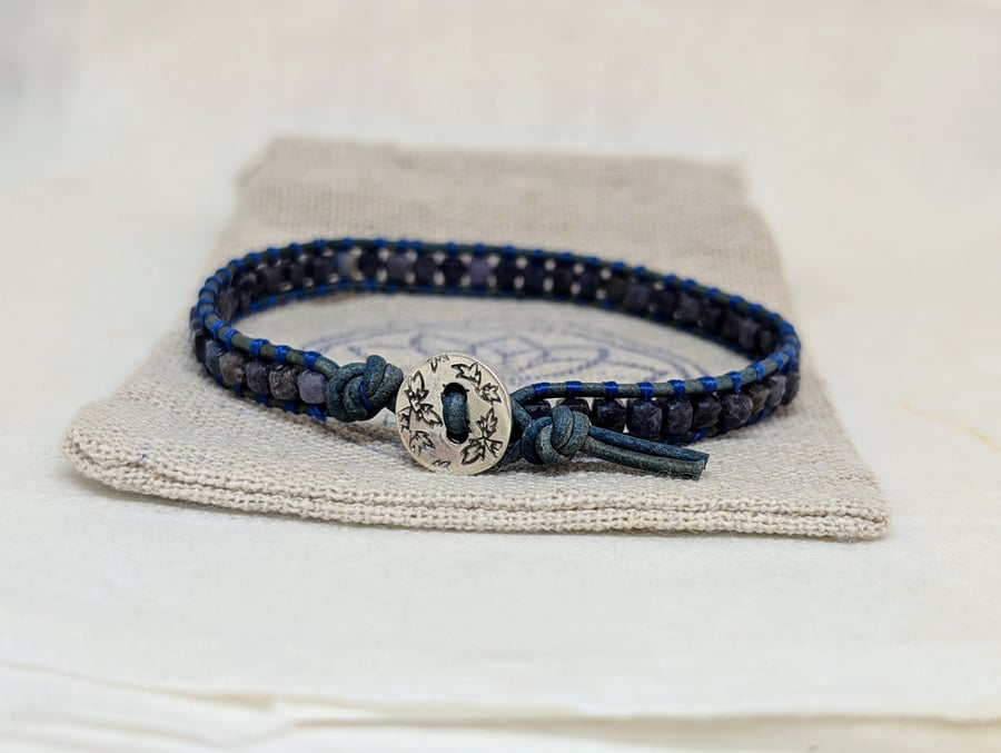 Sapphire and blue leather gemstone bracelet, September birthday 