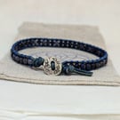 Sapphire and blue leather gemstone bracelet, September birthday 