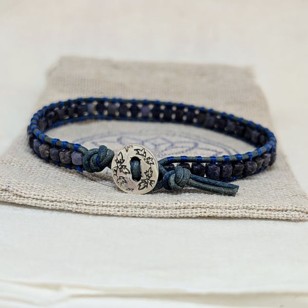Sapphire and blue leather gemstone bracelet, September birthday 