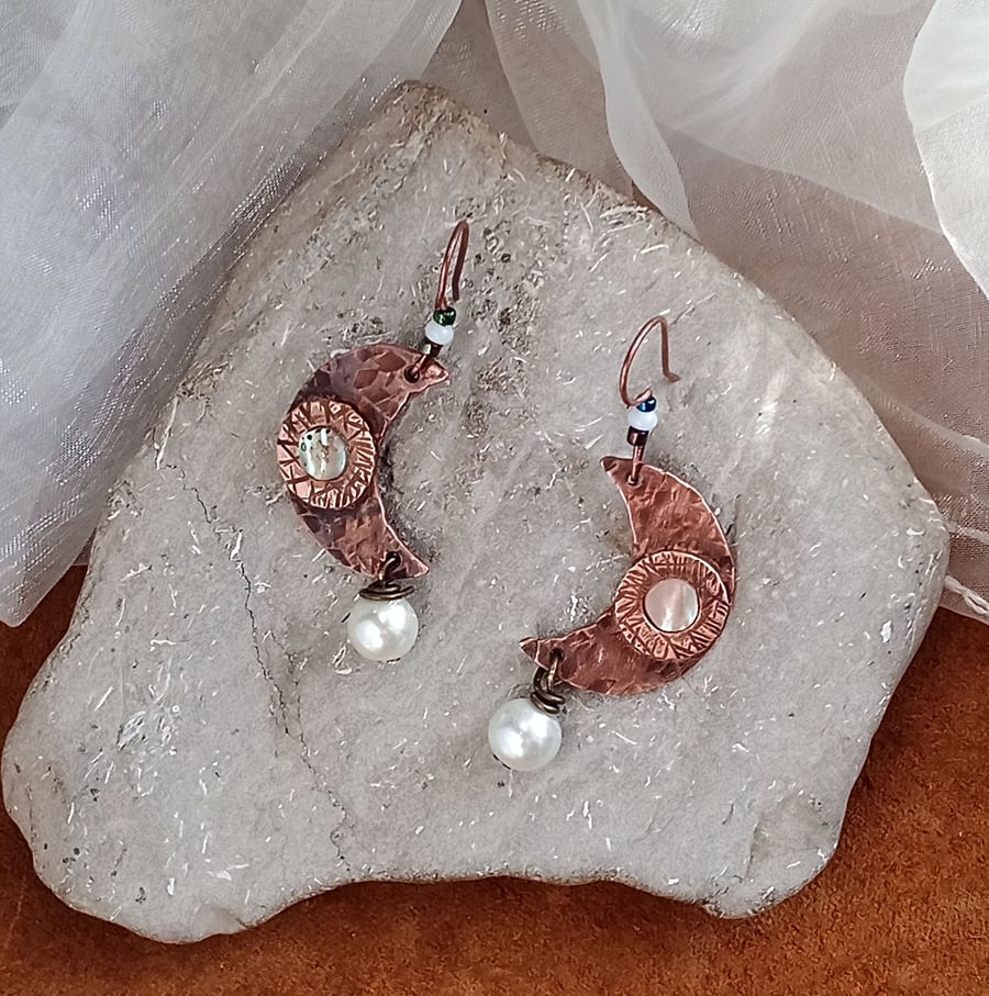 Rustic Copper Crescent Moon Earrings with amber beads and mother of pearl
